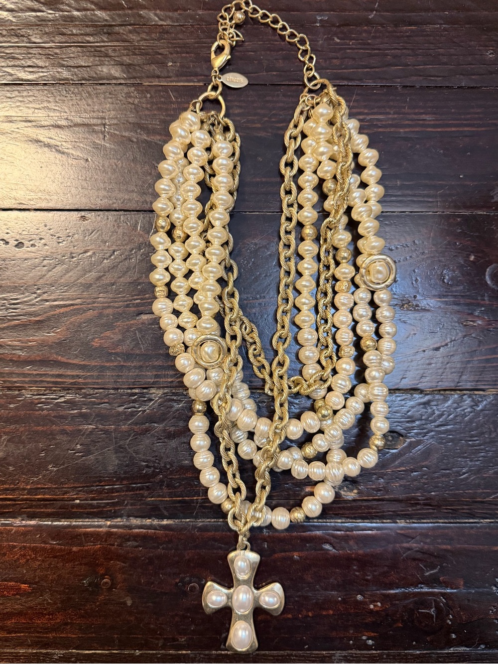 Chico’s Multi Strand Faux Pearl Gold Reversible Cross Necklace